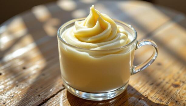 A mousse in a glass cup glows under diffused natural light, the transparent container showcasing every fine detail. photo