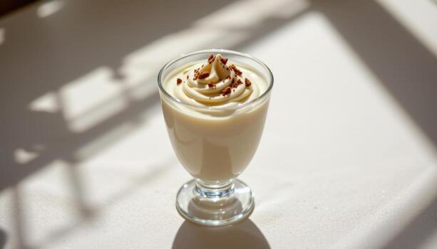 A mousse in a glass cup is framed by soft shadows, creating a tranquil, refined composition. photo