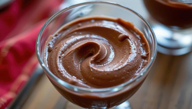 A glass cup of mousse displays rich chocolate tones, with the glossy surface reflecting soft, diffused light. photo