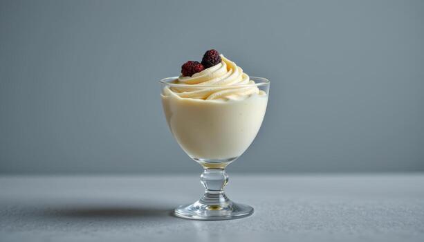 A mousse in a glass cup is arranged neatly against a plain background, emphasizing its soft texture and refined shape. photo