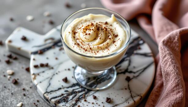 A glass cup filled with mousse sits on a marble board, the interplay of textures adding a sense of sophistication. photo