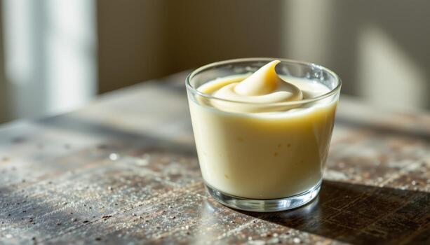 un mousse en un vaso taza brilla suavemente debajo difundido Encendiendo, con sutil gradientes creando un natural mirar. foto
