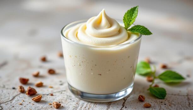 A mousse in a glass cup showcases perfect smoothness, the interplay of light, texture, and reflection creating a refined, photorealistic composition. photo