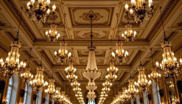 Rows of chandeliers suspended evenly across the ceiling form a perfect pattern of symmetry and glow. photo