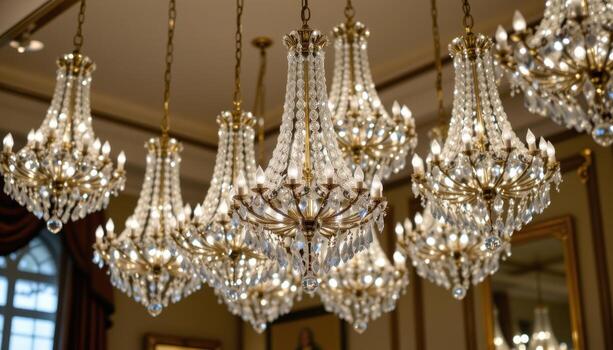 Multiple crystal chandeliers sparkle in unison, their light refracted through countless facets creating a celestial atmosphere. photo