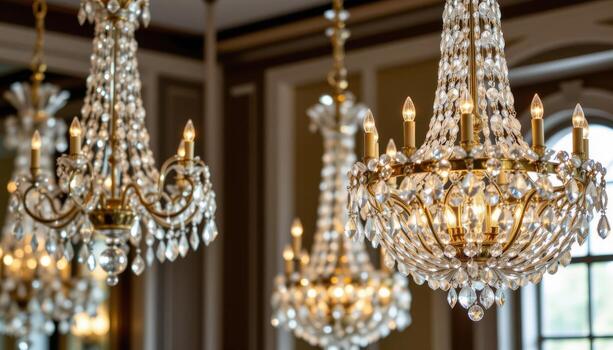 Crystal chandeliers dangle from elegant chains, their cut glass crystals reflecting light in patterns of radiant geometry. photo