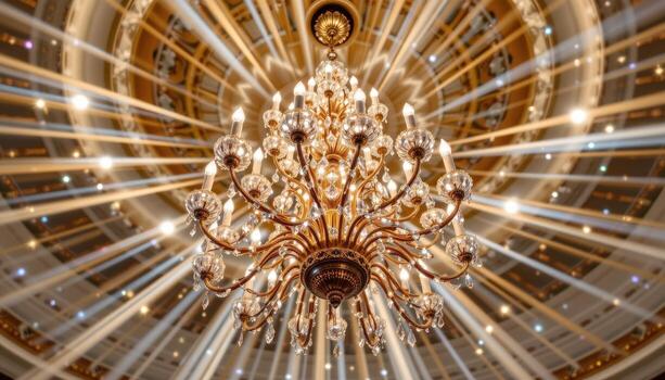 A crystal chandelier refracts beams of light across the ceiling, creating a galaxy like array of sparkling reflections. photo