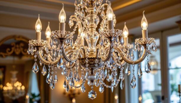 Crystal chandeliers sparkle under soft candlelight, their multifaceted crystals multiplying the warm glow throughout the room. photo