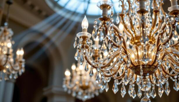 Elegant crystal chandeliers fill the air with shimmering reflections, each droplet of glass refracting delicate beams of light. photo
