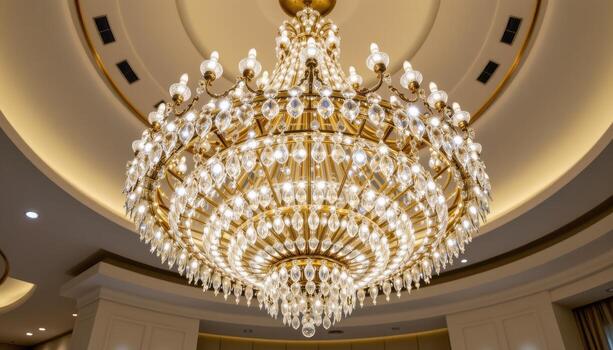 A large crystal chandelier dominates the ceiling, its intricate array of glass pieces glowing like stars frozen in motion. photo