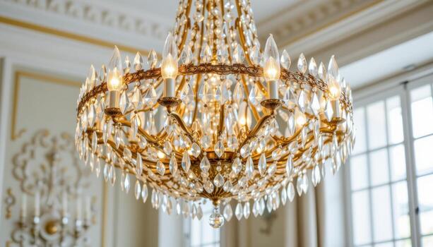 A magnificent crystal chandelier captures the essence of elegance, the prisms catching light from every direction. photo