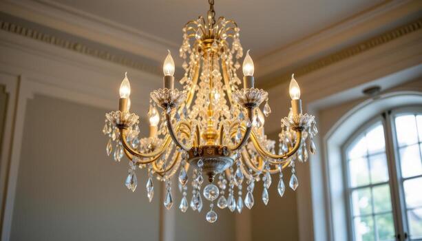 un cristal candelabro brilla suavemente en un tranquilo espacio, el refractado ligero formando un suave aura alrededor sus marco. foto