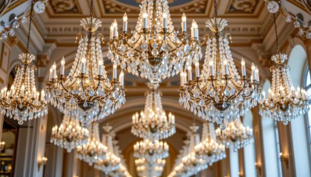 Crystal chandeliers arranged in a symmetrical line, their soft glow creating depth and grandeur in the architectural space. photo