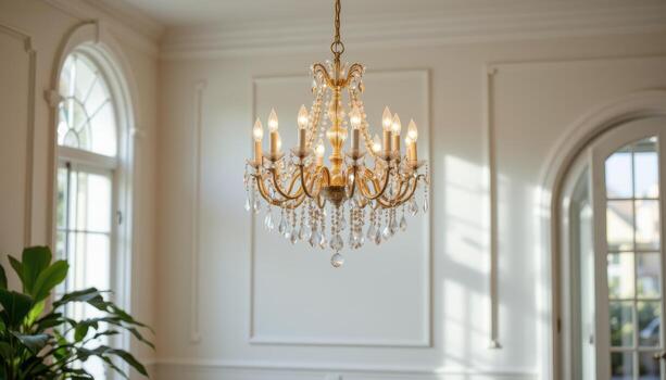 A crystal chandelier shines in a serene room, its gentle sparkle complementing the refined simplicity of the space. photo