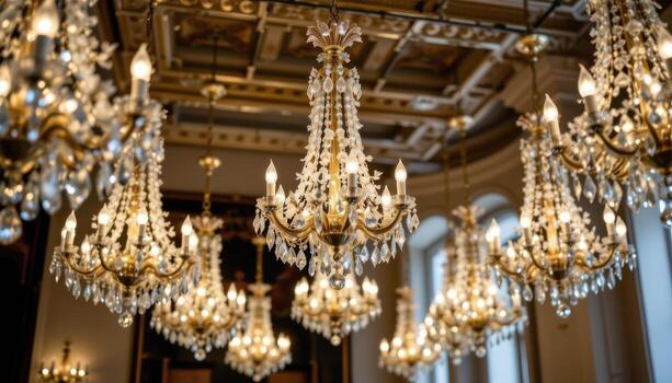 Multiple chandeliers glow softly in unison, forming a rhythmic dance of crystal reflections. photo