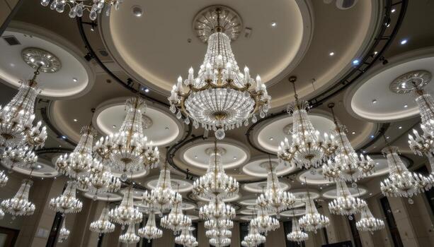 Rows of chandeliers radiate overlapping halos of brilliance that fill the ceiling with energy. photo