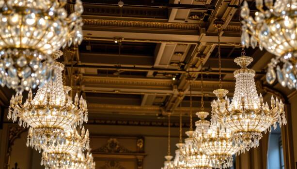 Rows of chandeliers shimmer in symmetry, each prism scattering light in perfect balance. photo