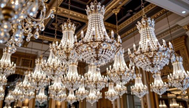 Crystal chandeliers hang perfectly aligned, their radiance transforming the space into a luminous sanctuary. photo