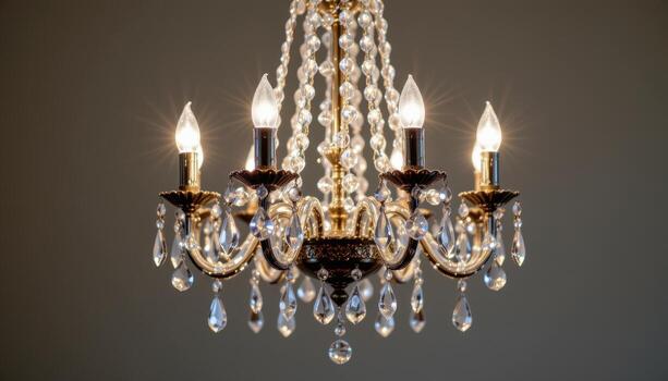 A crystal chandelier glows gently against a dark background, its brilliance creating contrast and warmth. photo
