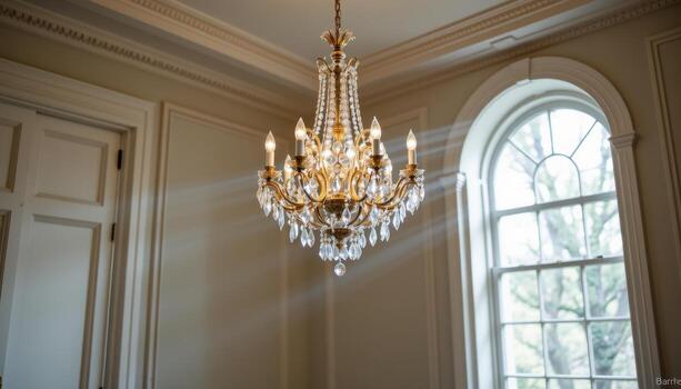 A single chandelier refracting pure light, the prisms producing subtle spectrums across the room. photo