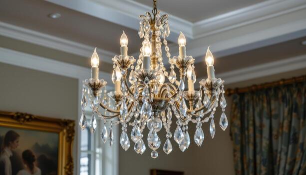 A single crystal chandelier glimmers softly, its fine details highlighted by diffused light. photo