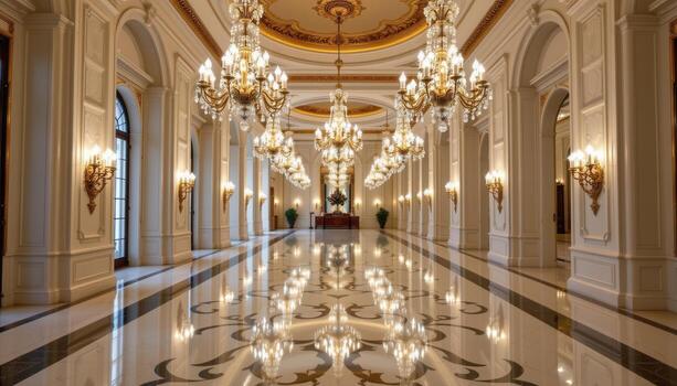 Crystal chandeliers glisten gently, their reflections forming intricate patterns on glossy marble floors. photo