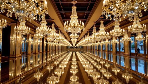 Rows of crystal chandeliers reflect across mirrored walls, forming endless chains of luminous sparkle. photo