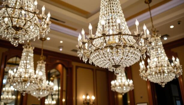 Multiple crystal chandeliers illuminate the room with overlapping layers of brilliance, creating a dreamlike atmosphere. photo
