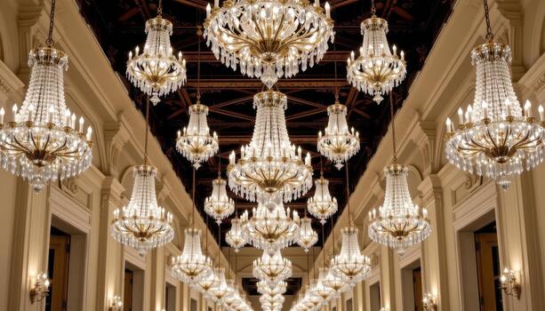 Rows of crystal chandeliers suspended symmetrically create a rhythmic flow of light through the corridor. photo