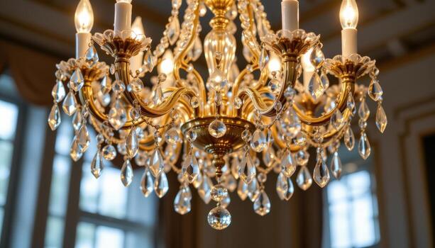 A luxurious crystal chandelier glimmers under ambient light, each glass drop reflecting soft hues of silver and gold. photo
