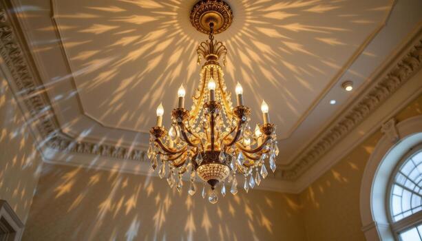 A magnificent crystal chandelier casts a golden glow, the facets producing intricate patterns on the ceiling. photo