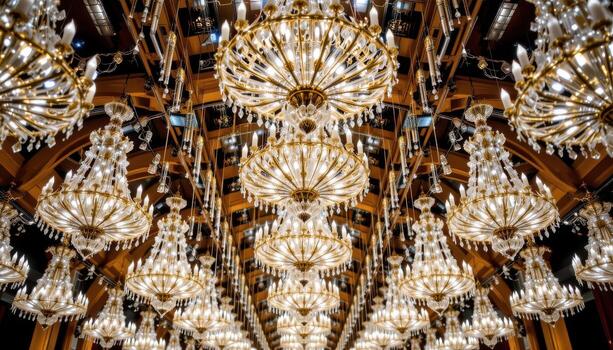 Rows of crystal chandeliers illuminate the ceiling, their radiance merging to form a continuous flow of brilliance. photo