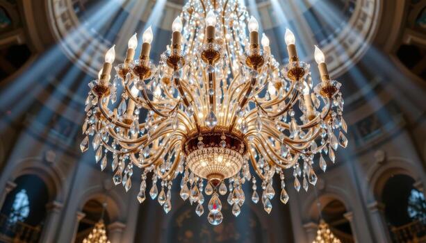 A grand crystal chandelier refracts light in thousands of patterns, filling the air with flickering brilliance. photo