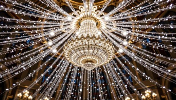 A grand crystal chandelier radiates brilliance from the center of a ballroom, its countless prisms shimmering in a cascade of refracted light. photo