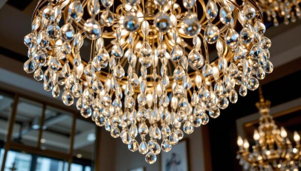 Crystal chandeliers hang delicately in a circular arrangement, their overlapping glimmers forming a halo of brilliance. photo