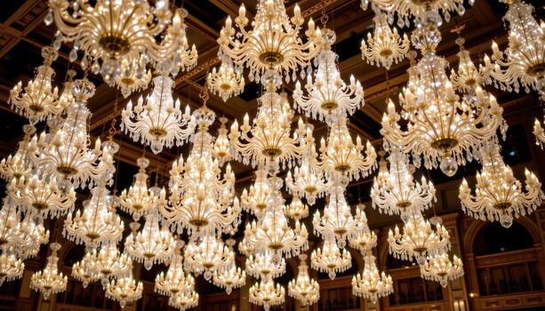 Dozens of crystal chandeliers illuminate a vast interior, their overlapping glows forming a luminous tapestry of reflections and brilliance. photo