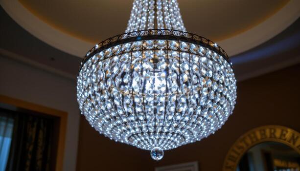 A chandelier made of hundreds of tiny crystal beads sparkles under white light, creating a dazzling visual effect. photo