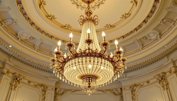A grand crystal chandelier gleaming with golden light, suspended by an ornate chain and surrounded by intricate ceiling moldings. photo