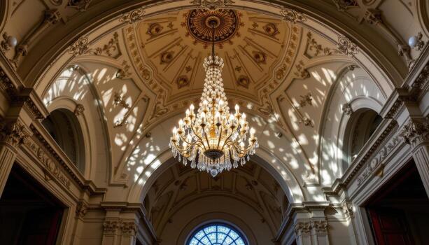A grand crystal chandelier hangs from an arched ceiling, casting a luminous pattern across intricate plaster details. photo