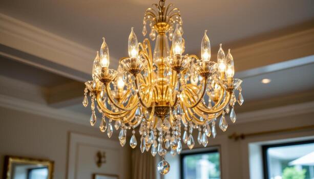 A crystal chandelier glows with refined beauty, each prism shaped to capture and refract light flawlessly. photo