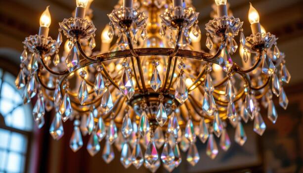 Crystal chandeliers refract light through countless prisms, producing a delicate spectrum of color across the air. photo