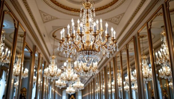 Crystal chandeliers gleaming in a hall lined with mirrors, creating infinite layers of reflection and glow. photo