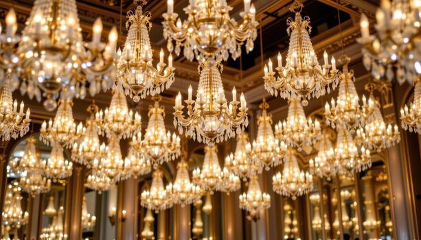 Rows of chandeliers glitter above, their reflections blending into a river of golden light. photo