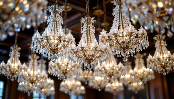 Rows of crystal chandeliers glow softly, their delicate prisms refracting light into intricate geometric patterns. photo