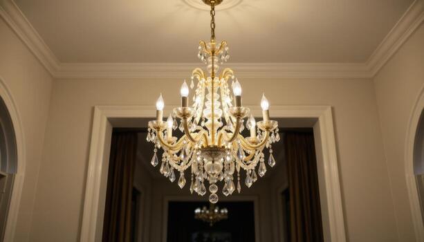 A single crystal chandelier glows in solitude, the prisms scattering pure, luminous light into the shadows. photo