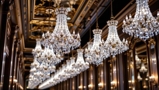Rows of crystal chandeliers hang gracefully in a luxurious corridor, the ambient glow creating a serene and sophisticated atmosphere. photo