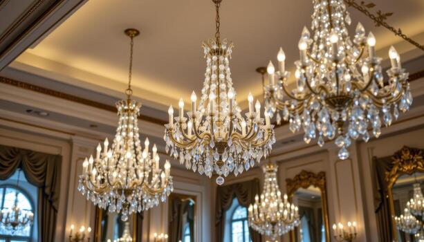 Crystal chandeliers hang majestically from a high ceiling, their intricate glass prisms scattering light into a thousand shimmering reflections across the room. photo