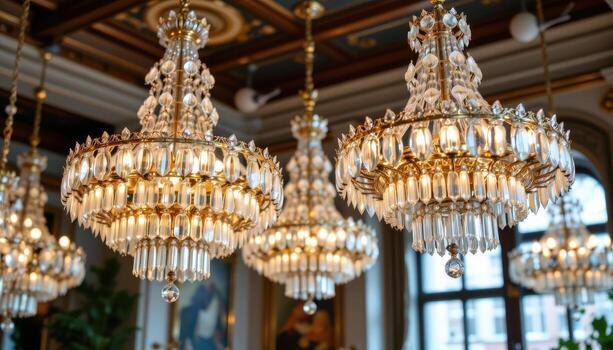 Crystal chandeliers hang above, the layered prisms scattering delicate points of light like fragments of crystal rain. photo