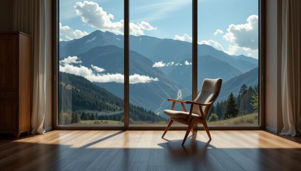 A chair is placed in front of a large window, overlooking the mountain view, with shadows of passing clouds moving slowly across the floor. photo