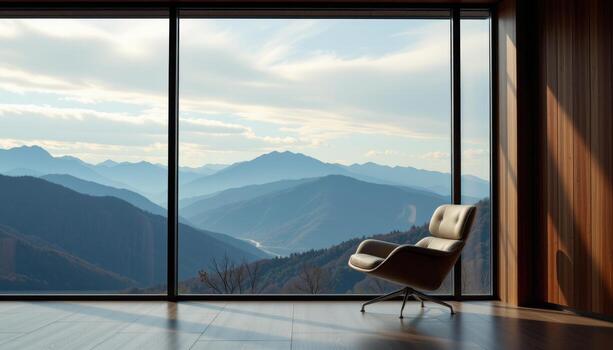 A chair is placed in front of a large window, overlooking the mountain view, the glass reflecting a seamless transition between earth and sky. photo